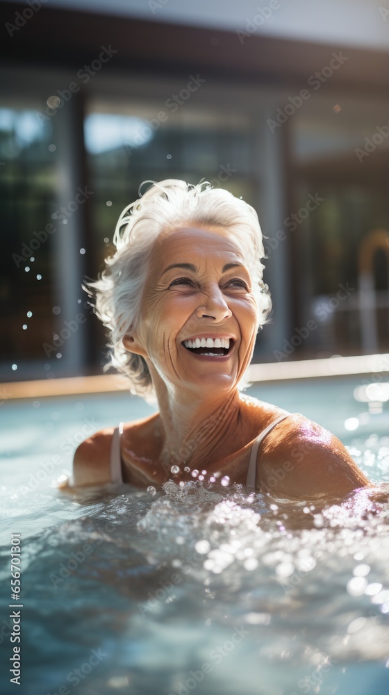 Aged woman swimming laps in a pool with grace