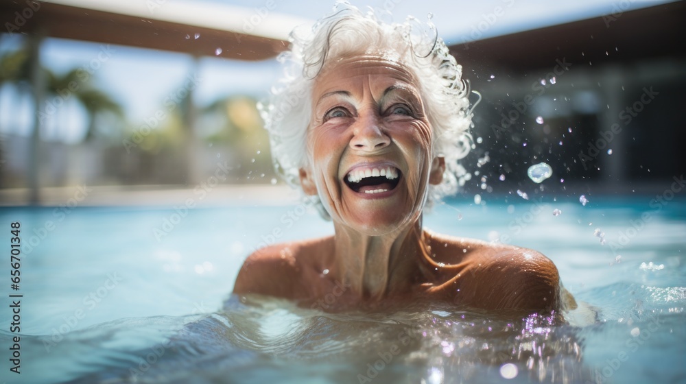 Aged woman swimming laps in a pool with grace