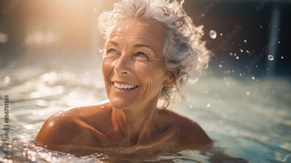 Aged woman swimming laps in a pool with grace