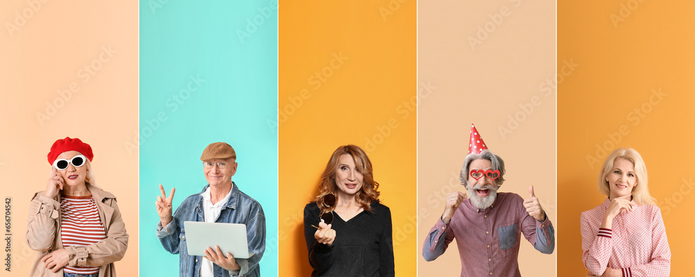 Collage of elderly people on color background