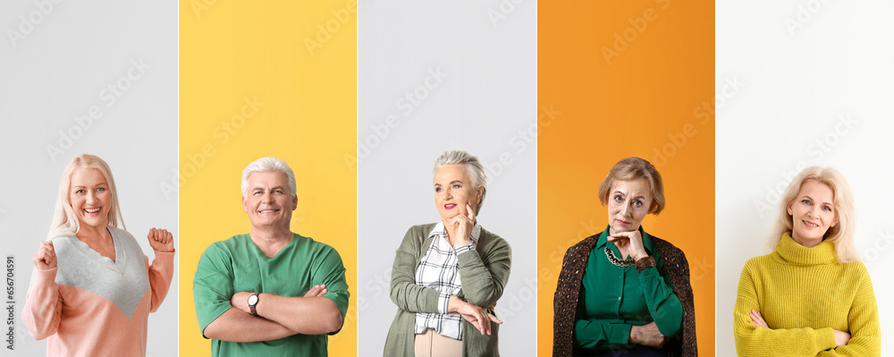 Collection of elderly people on color background