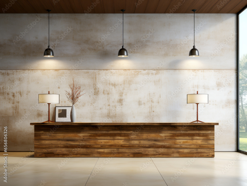 Modern office lobby with wooden reception desk, lamp and concrete wall. Generative AI