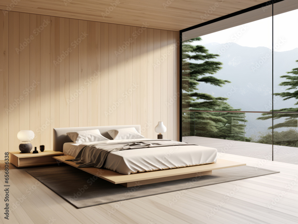 Interior of modern bedroom with wooden walls, wooden floor, comfortable king size bed and panoramic window. Generative AI