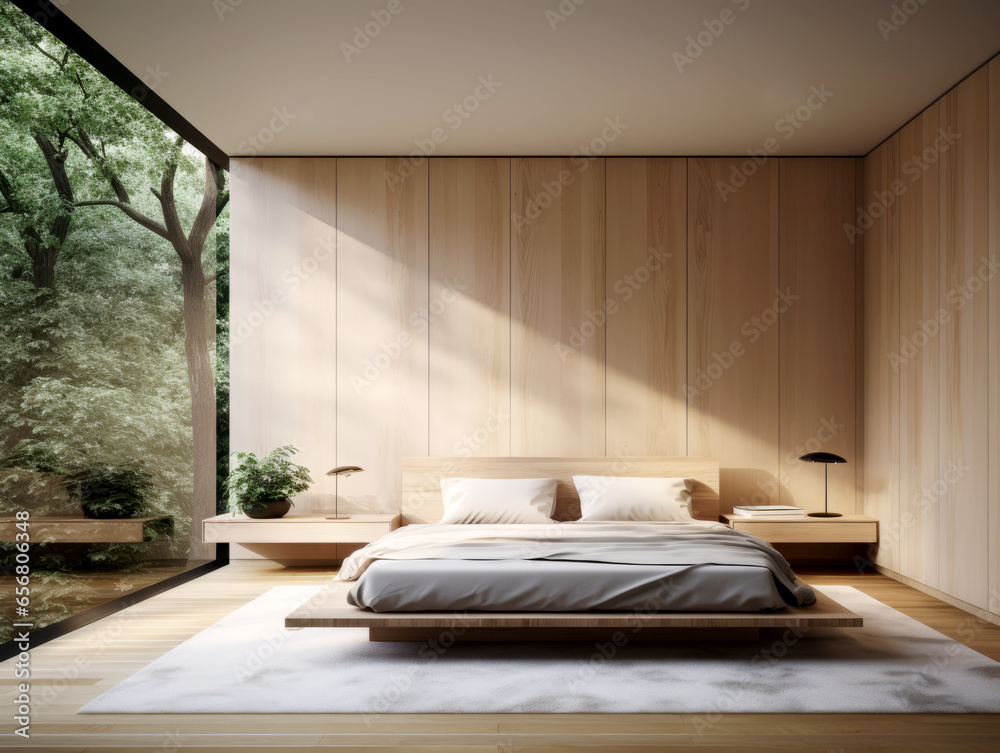 Interior of a modern bedroom with wooden walls, concrete floor and comfortable master bed. Generative AI