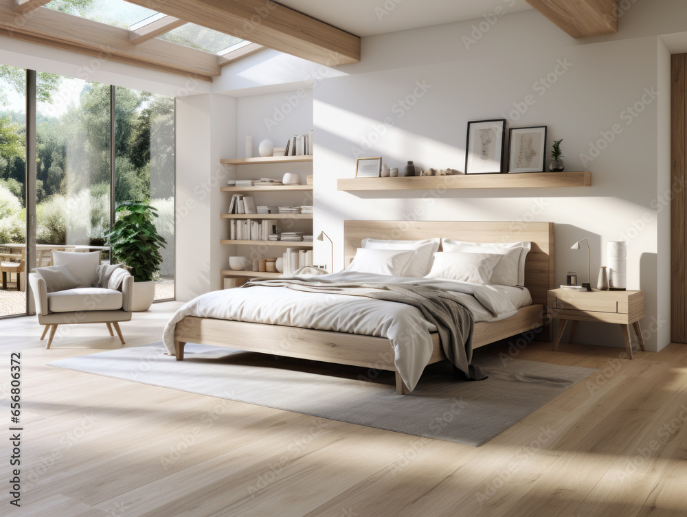 Interior of modern bedroom with white walls, wooden floor, comfortable king size bed and beige armchair. Generative AI