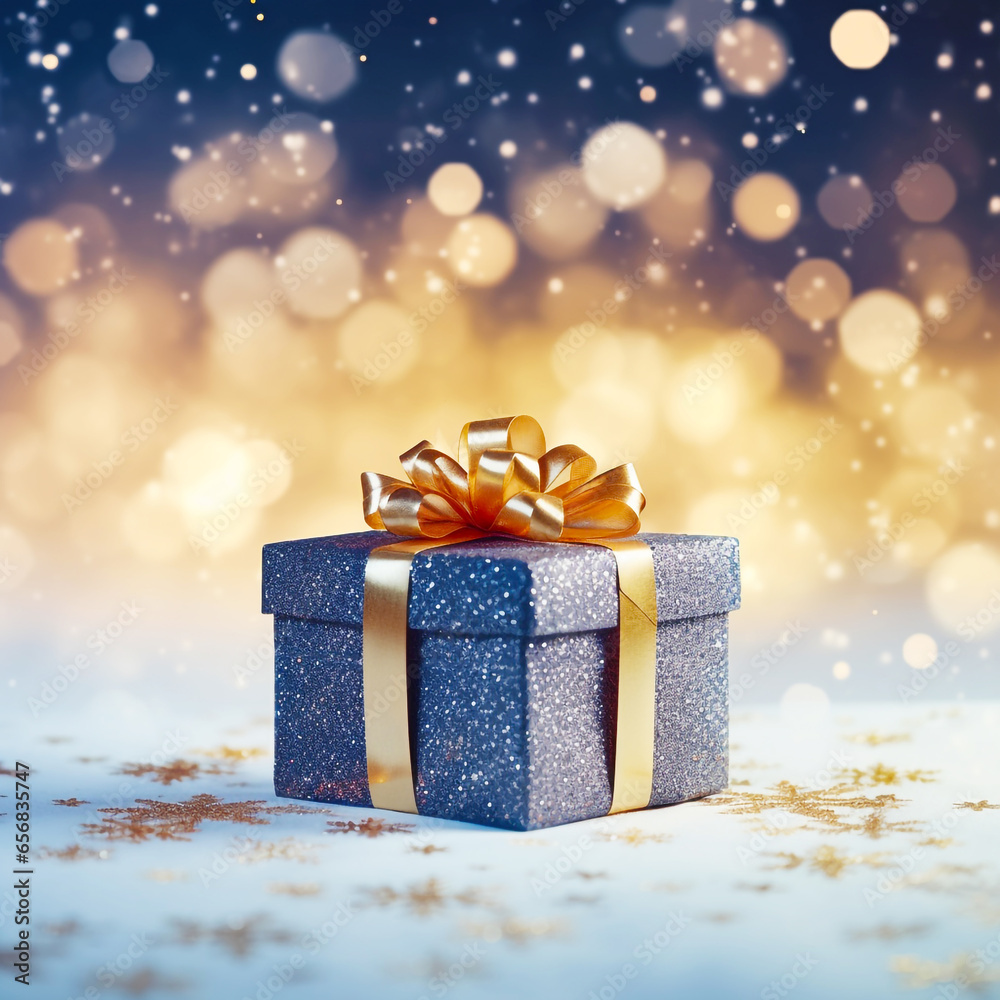 Christmas present gift box with beautiful bokeh lights