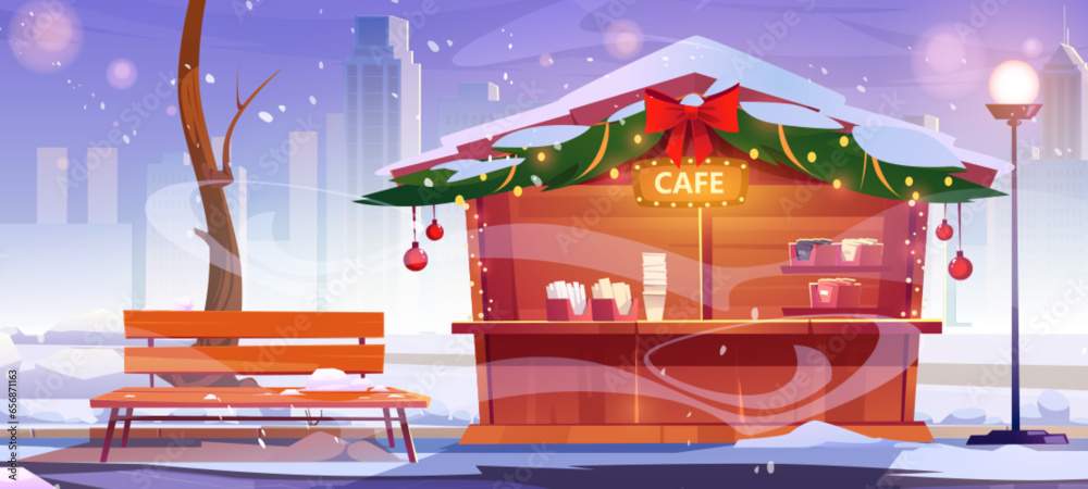 Street cafe in city public park with Christmas decorations. Cartoon winter xmas holiday landscape of snowy town garden with bench, lantern and kiosk with snacks on background of multistory buildings.