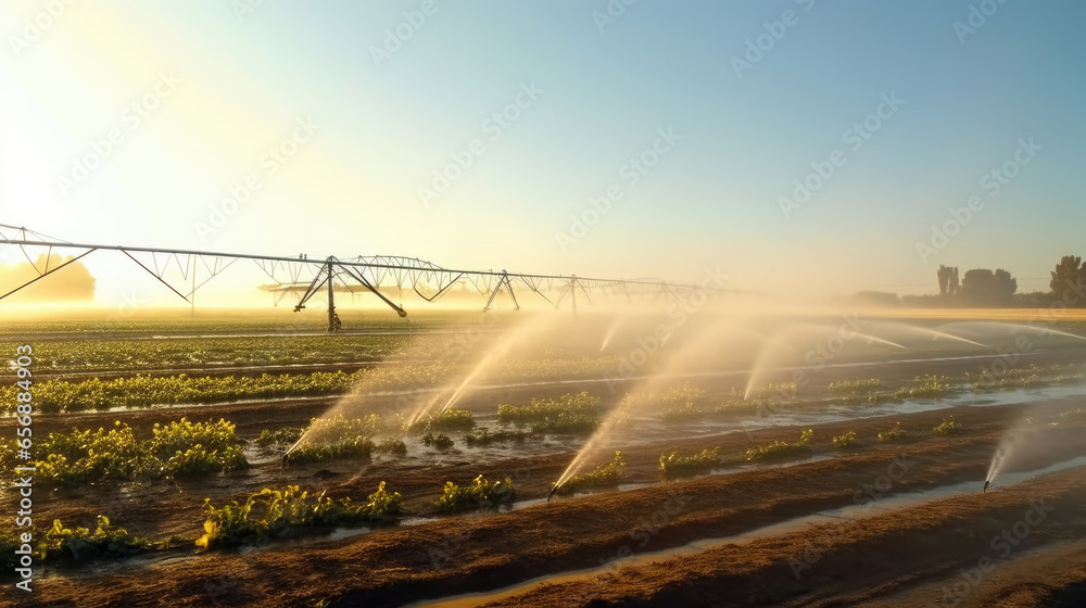 Agricultural irrigation system, Automated agriculture system with Large irrigation sprinklers spraying water over in potato field. Generative Ai