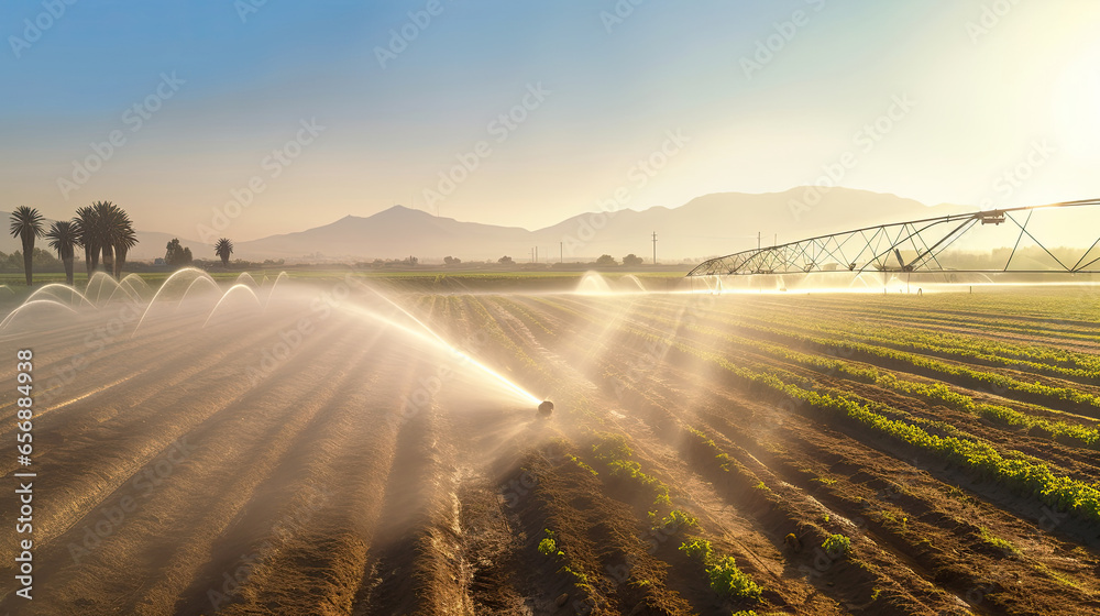 Agricultural irrigation system, Automated agriculture system with Large irrigation sprinklers spraying water over in potato field. Generative Ai