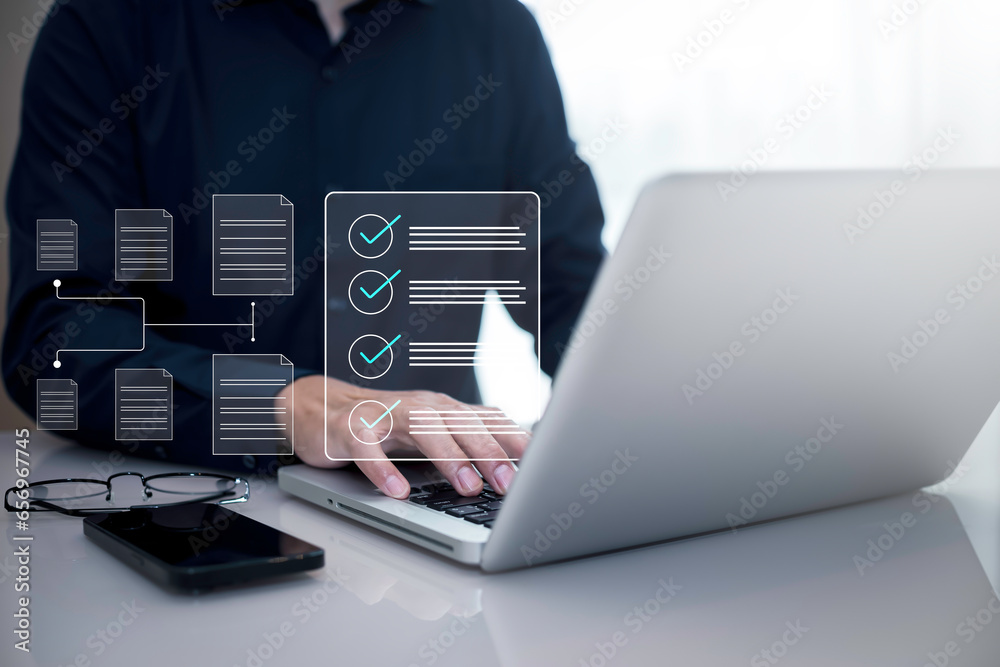 Checklist and clipboard task documentation management Online survey, form checklist by laptop computer, Document Management Checking System, online documentation database and process manage files.