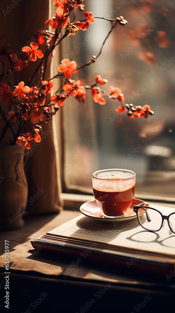 Cup of coffee with book, glasses and flowers on the window sill