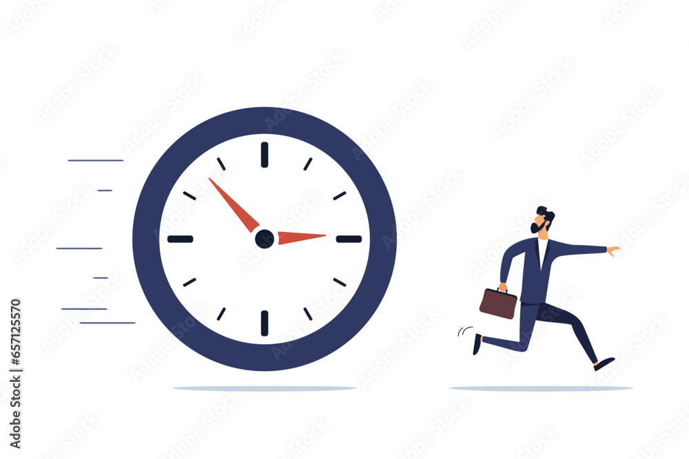 Clock chasing male businessman, countdown or time management concept. Deadline concept. Illustration