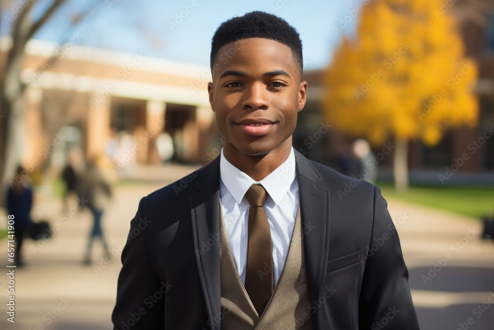 A black male news reporter standing in front of a university campus.