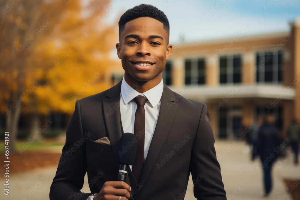 A black male news reporter standing in front of a university campus.