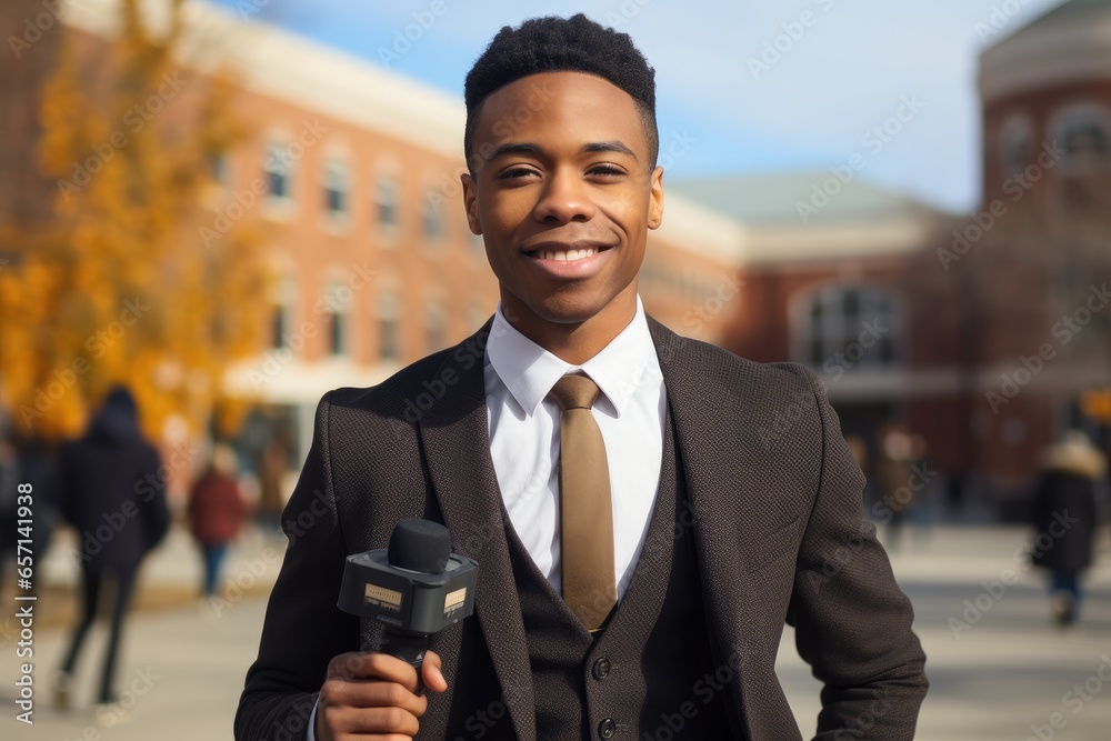 A black male news reporter standing in front of a university campus.