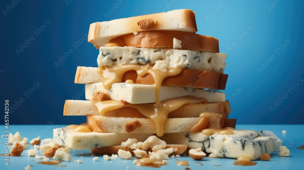 A composition of cheese sandwiches on a blue backdrop.