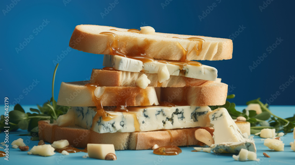 A composition of cheese sandwiches on a blue backdrop.