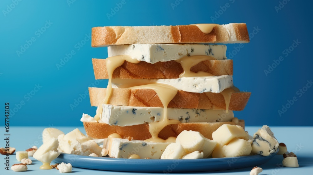 A composition of cheese sandwiches on a blue backdrop.