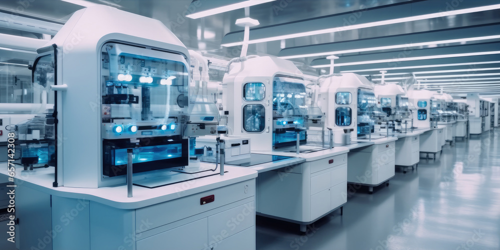 High-tech laboratory with advanced equipment inside a pharmaceutical manufacturing facility.