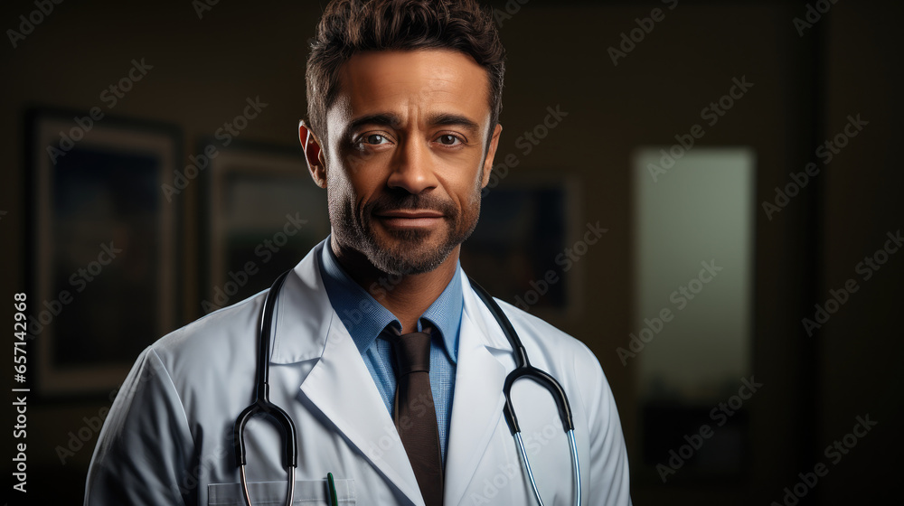 Male doctor smiling on a plain background.