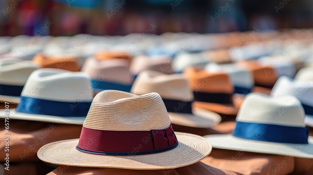 Many Panama Hats traditional at outdoor market.