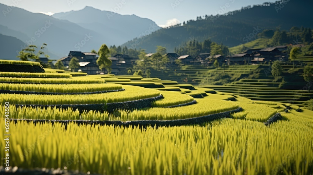 Rice fields in full growth, Beautiful landscape green rice fields on terraced mountain.