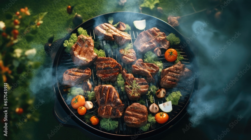 Close up of BBQ grill and rosemary with food smoke.