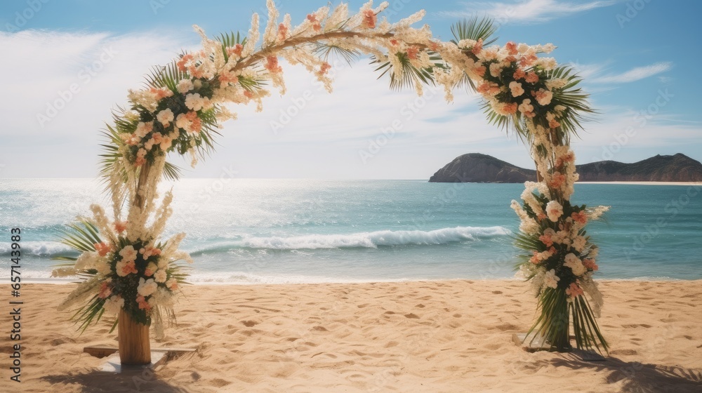 Beach wedding with flower decoration arch.