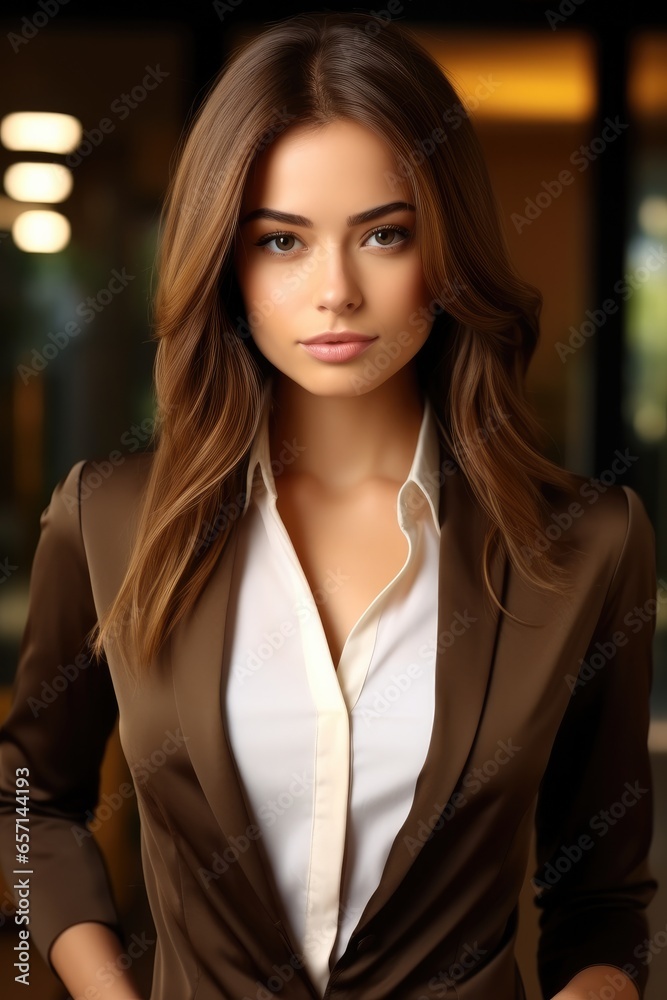 Beautiful business woman Brown straight shoulder length hair.