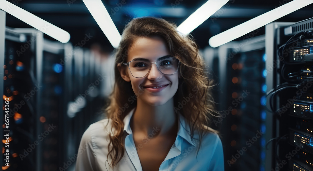 Data Center Engineer, Young IT woman working in supercomputer electricity backup room.