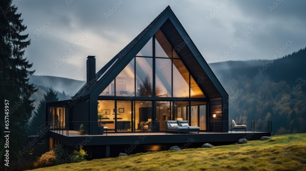 Contemporary black wooden home with large windows on the mountains.