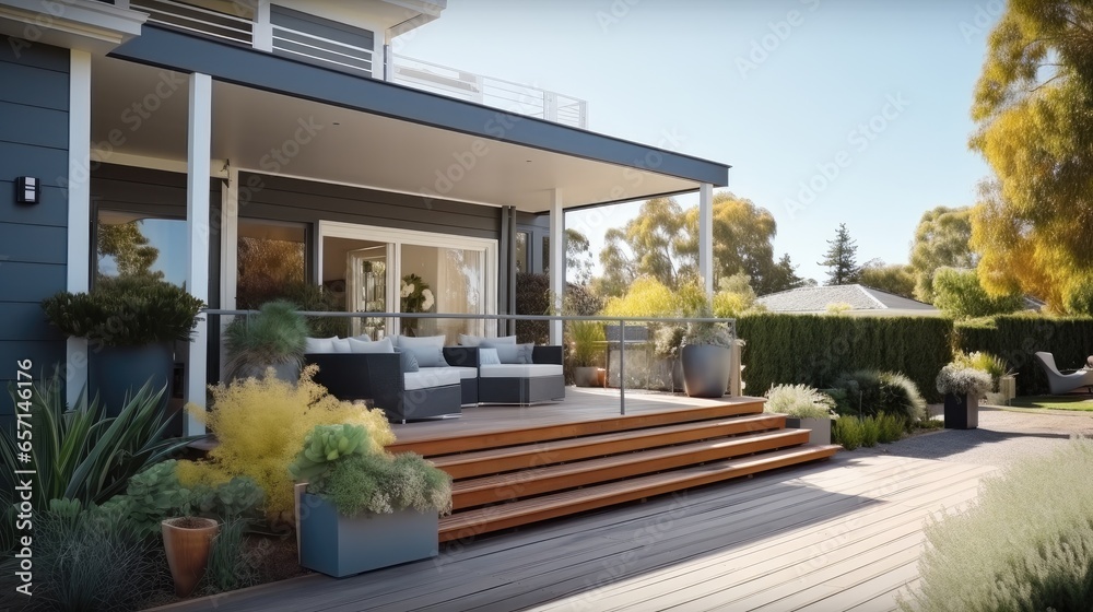 Outdoor balcony and verandah at modern bright home.