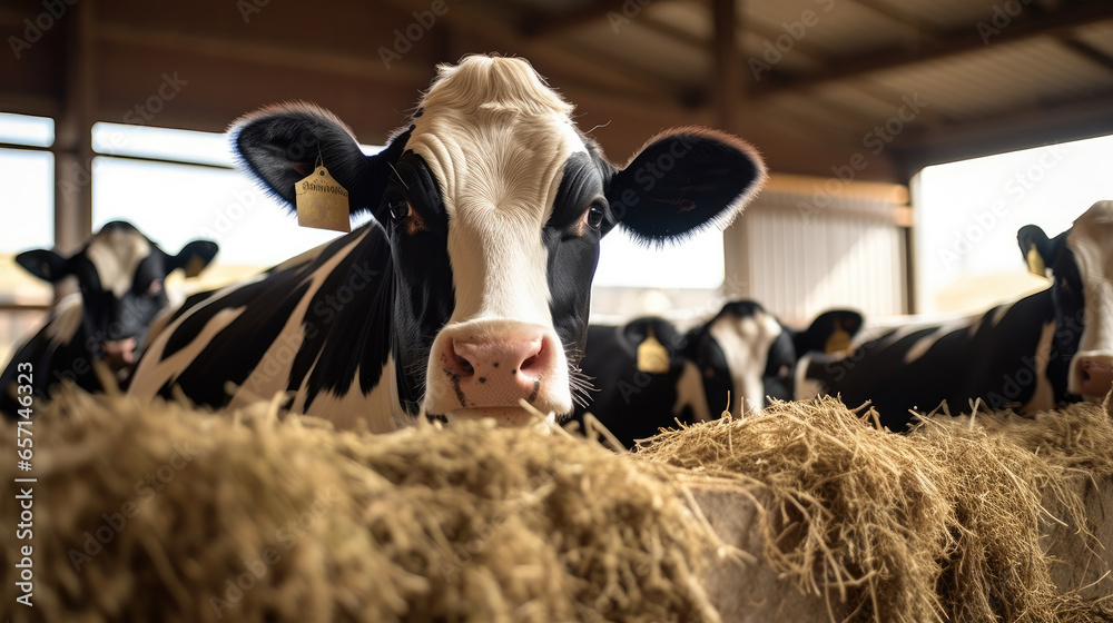 Black and white cow eating hay, Feeding cows.