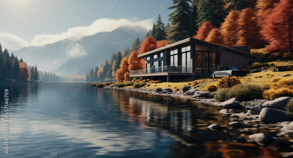 Beautiful cozy riverfront house and warm autumn ambience.