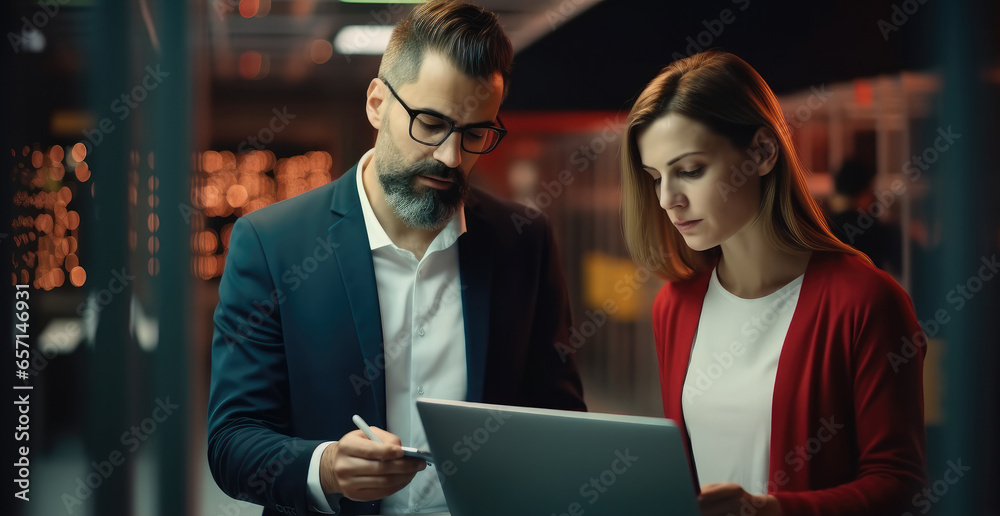 IT Engineer man and woman using laptop diagnostics or doing maintenance in server room.