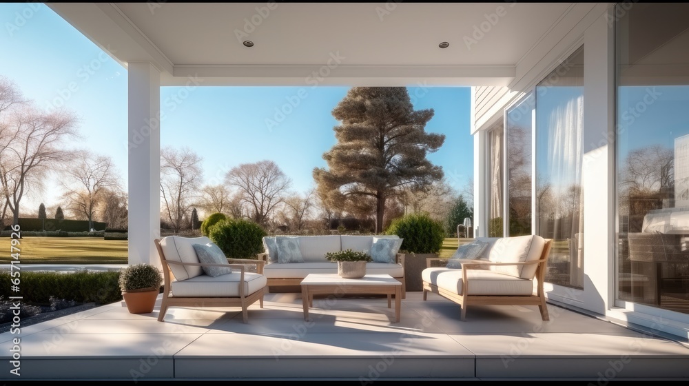 Exterior seating and porch of a luxurious new vila.