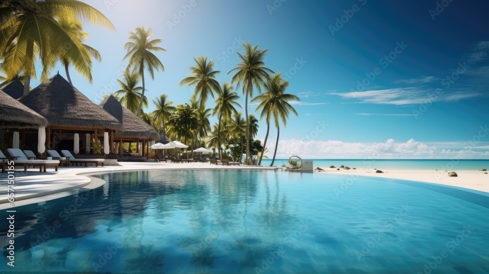 Beautiful resort with beachfront pool sun loungers and palm trees, Travel vacations concept.