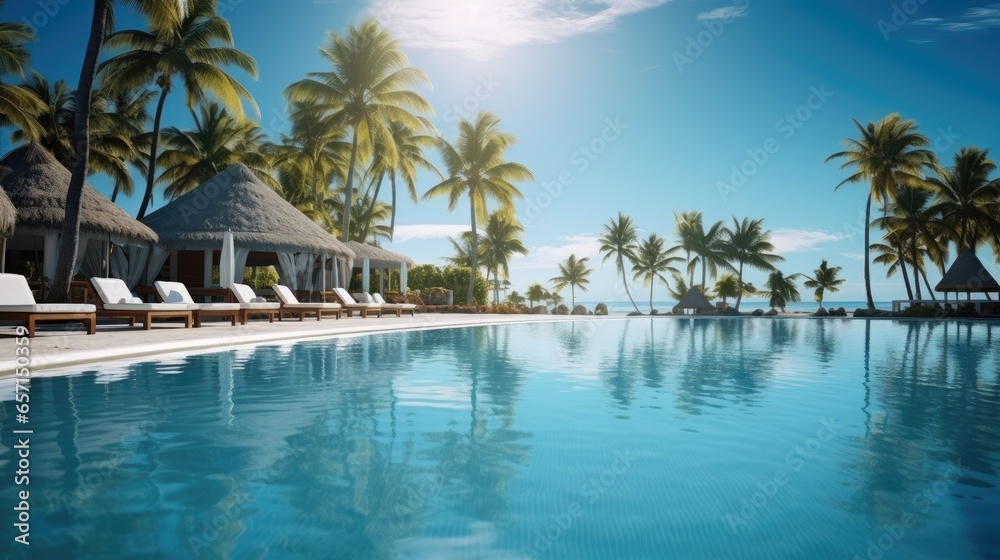 Beautiful resort with beachfront pool sun loungers and palm trees, Travel vacations concept.