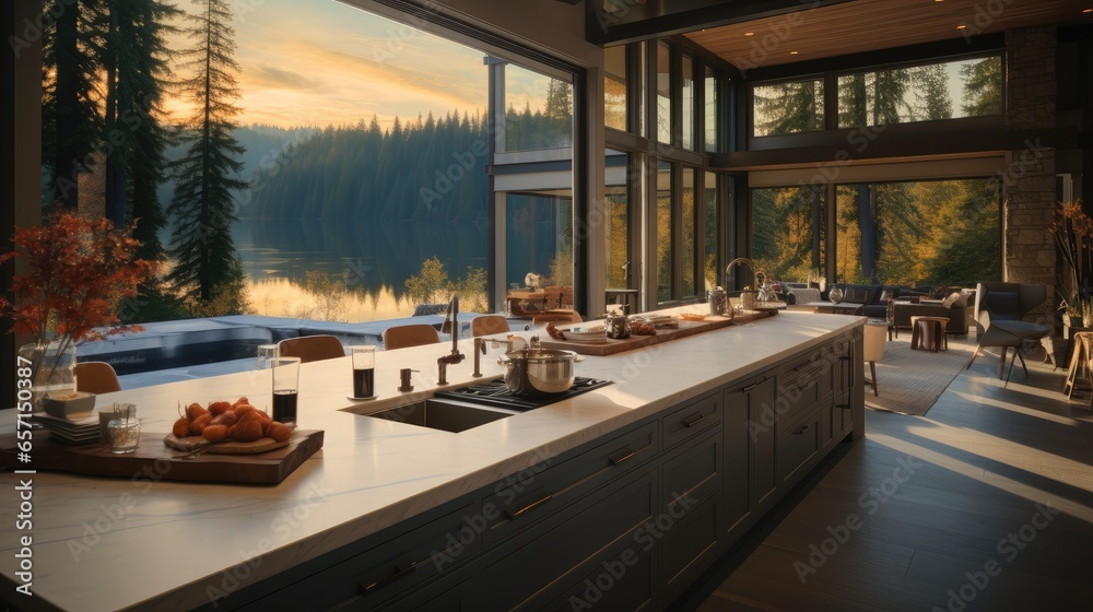 Kitchen at home with nature view.