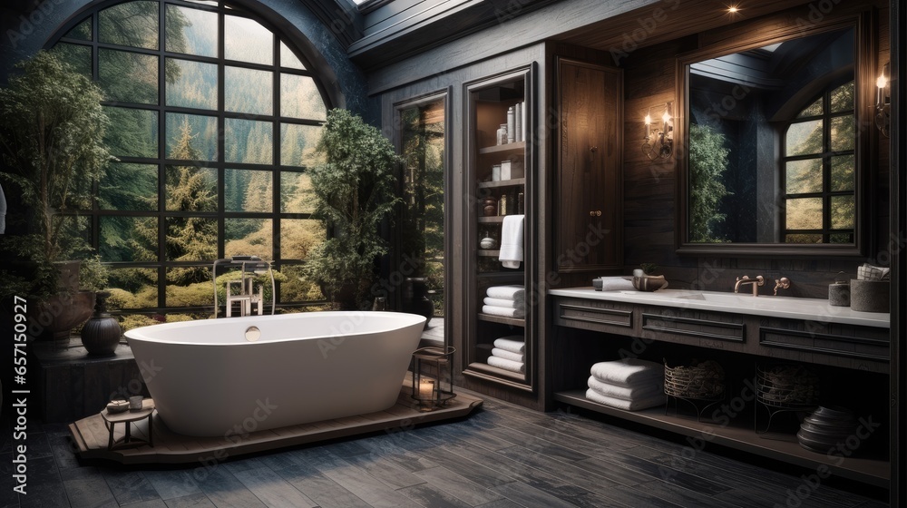 Luxury bathroom with cozy dark wood.