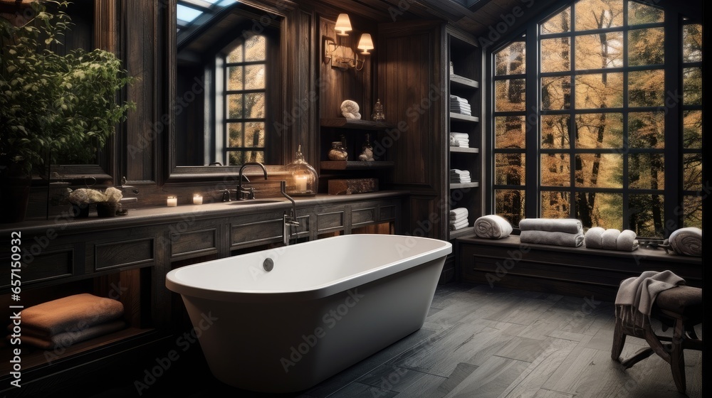 Luxury bathroom with cozy dark wood.