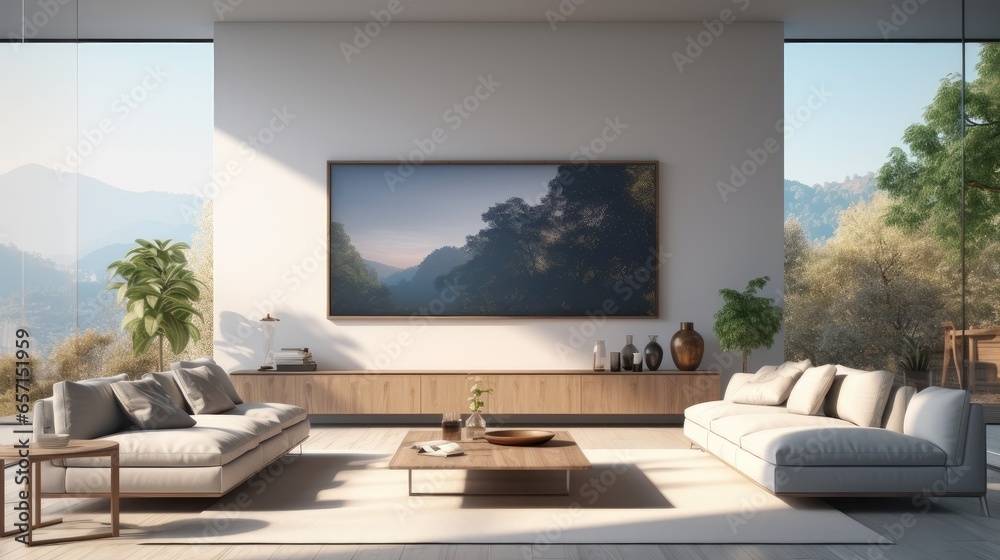 Modern living room with a wall mounted smart screen at minimalist apartment, Lifestyle aspirations.