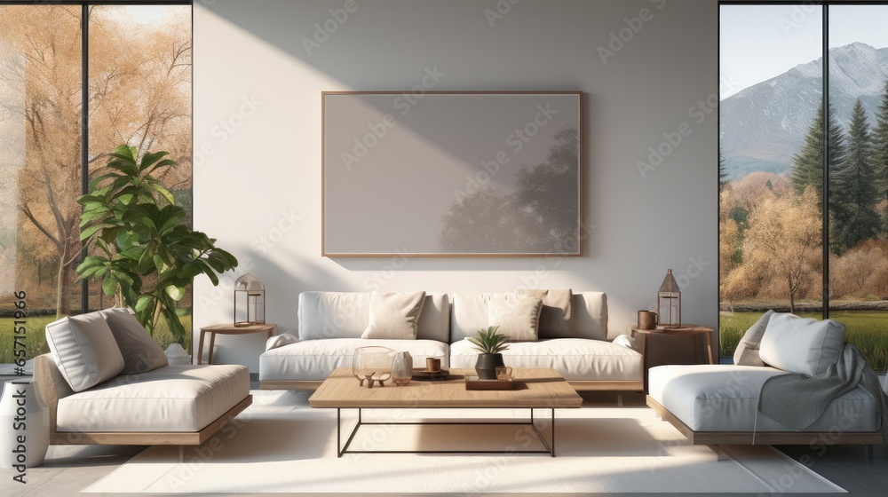 Modern living room with a wall mounted smart screen at minimalist apartment, Lifestyle aspirations.