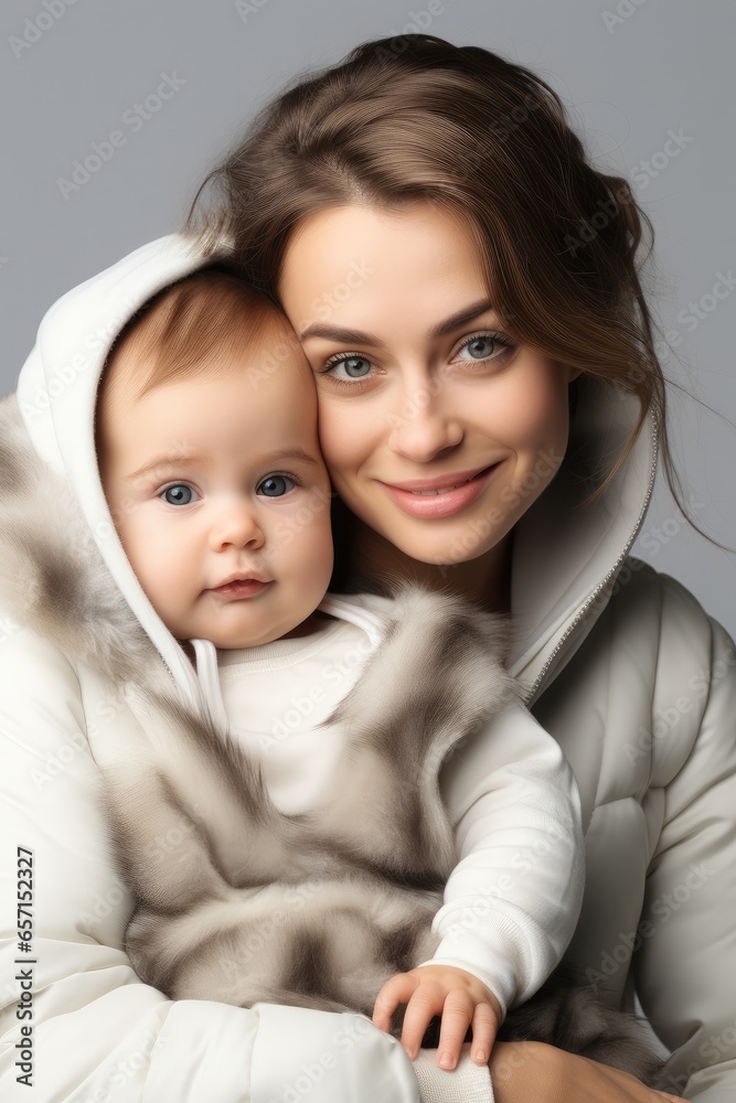 Mother and baby are happy on white background.