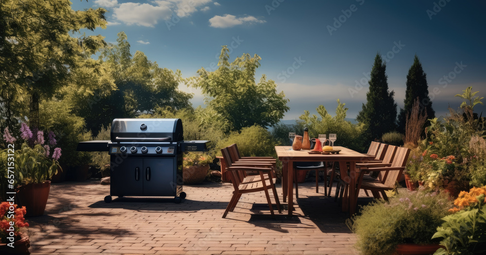 BBQ grill and seating at backyard for dinner party.