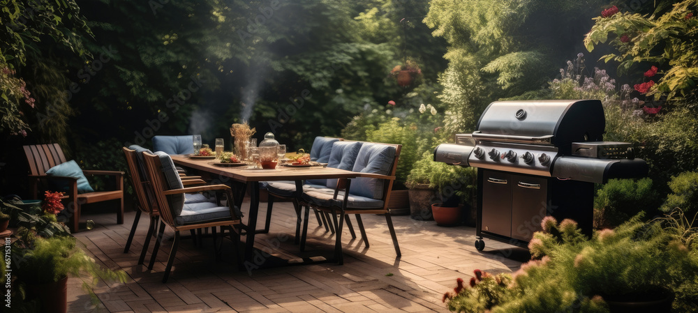 BBQ grill and seating at backyard for dinner party.