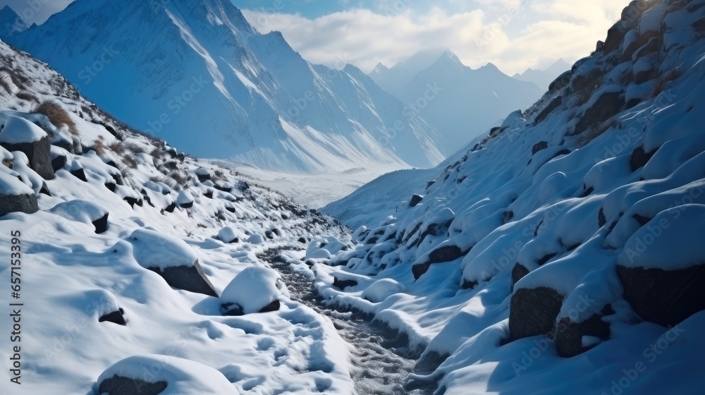 Path in snowy mountains.