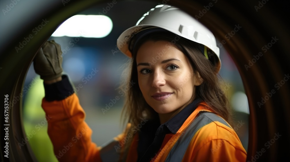 Heavy equipment female engineer are working and inspect the metal sheet factorys machinery.