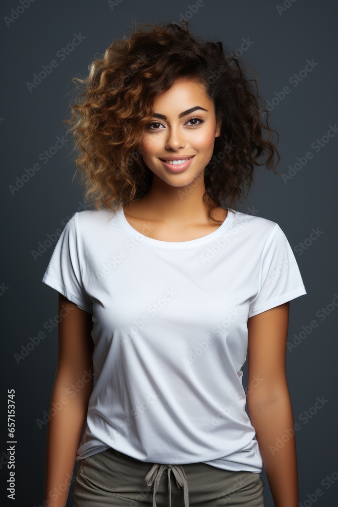 Portrait of happy African female student in white t-shirt on a gray background.