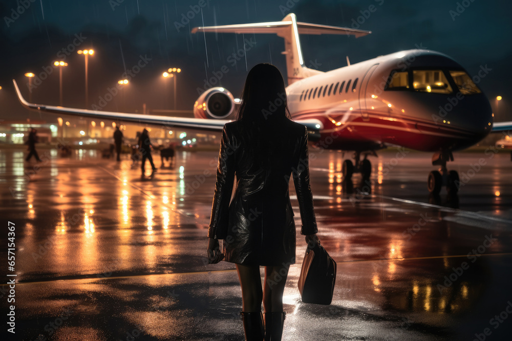 A lady are walk getting to a private jet at night.